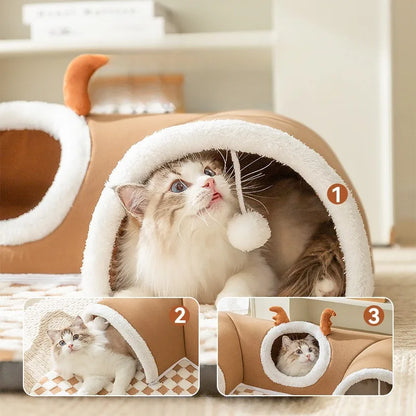 Plush Cat Bed & Tunnel House Combo