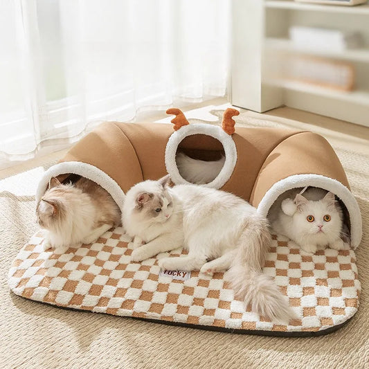 Plush Cat Bed & Tunnel House Combo